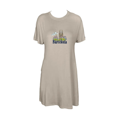 Barcelona Skyline With Bold Barcelona Print Crew Neck Tee Dress Casual Short Sleeve Dress For Spring & Summer Women's Clothing