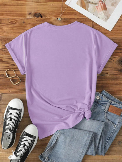 Women's Retro Cute Hand Holding Daisy Print T-shirt, Short Sleeve Crew Neck Casual Top for Summer and Spring, Women's Clothing