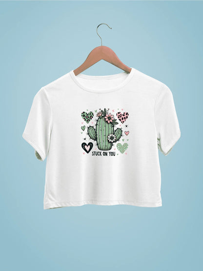 Adorable Cactus Hearts And Flowers Print Crew Neck Crop T-Shirts Casual Short Sleeve Top For Spring & Summer Women's Clothing