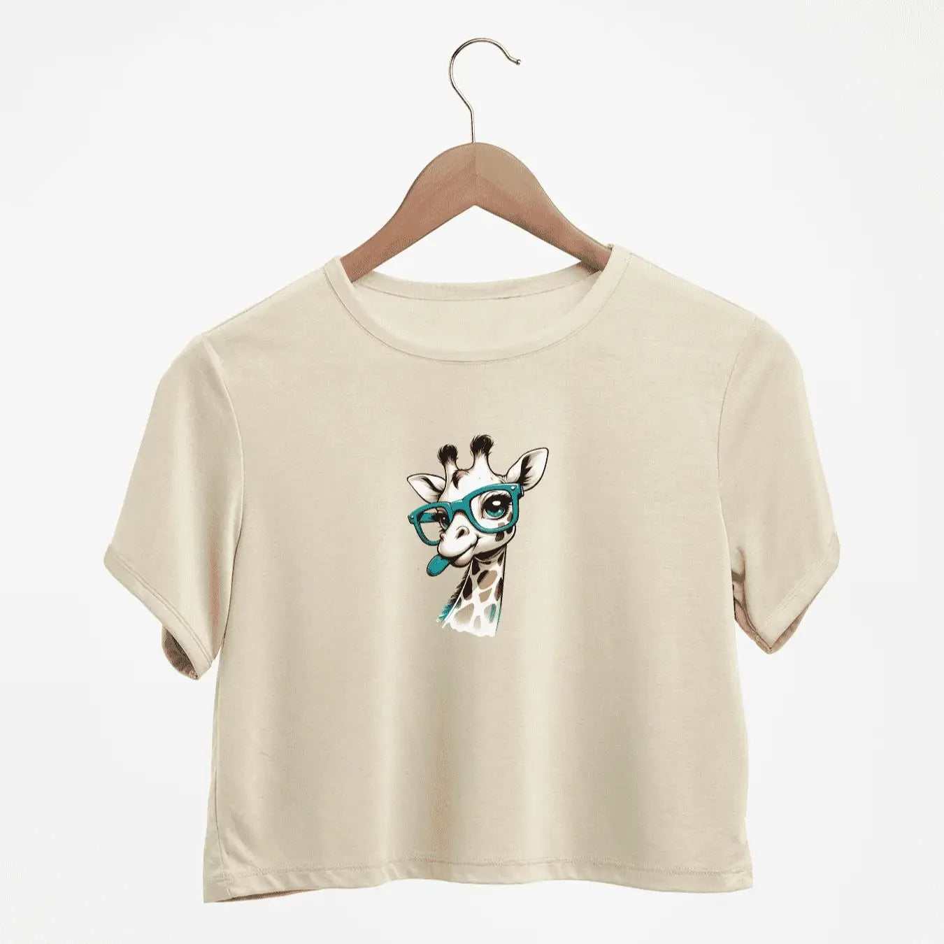 Adorable Giraffe With Teal Glasses Print Crew Neck Crop T-Shirts Casual Short Sleeve Top For Spring & Summer Women's Clothing