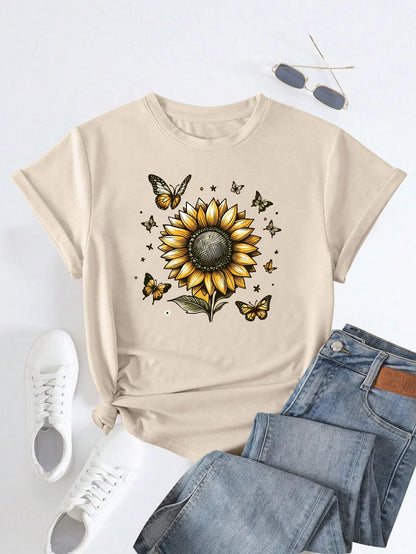 Women's Sunflower and Butterflies Illustration Print T-shirt, Short Sleeve, Crew Neck, Casual Top for Summer and Spring