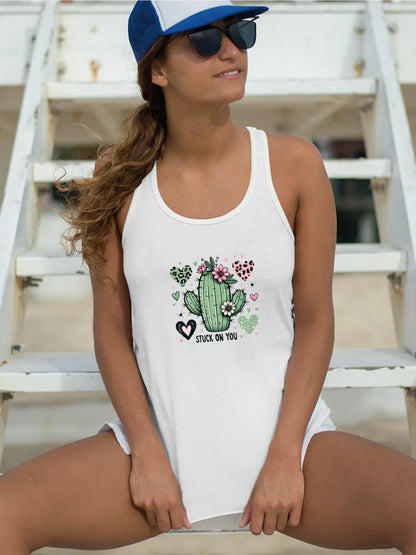 Adorable Cactus With Hearts And Flowers Print Tank Top Sleeveless Casual Top For Summer & Spring Women's Clothing