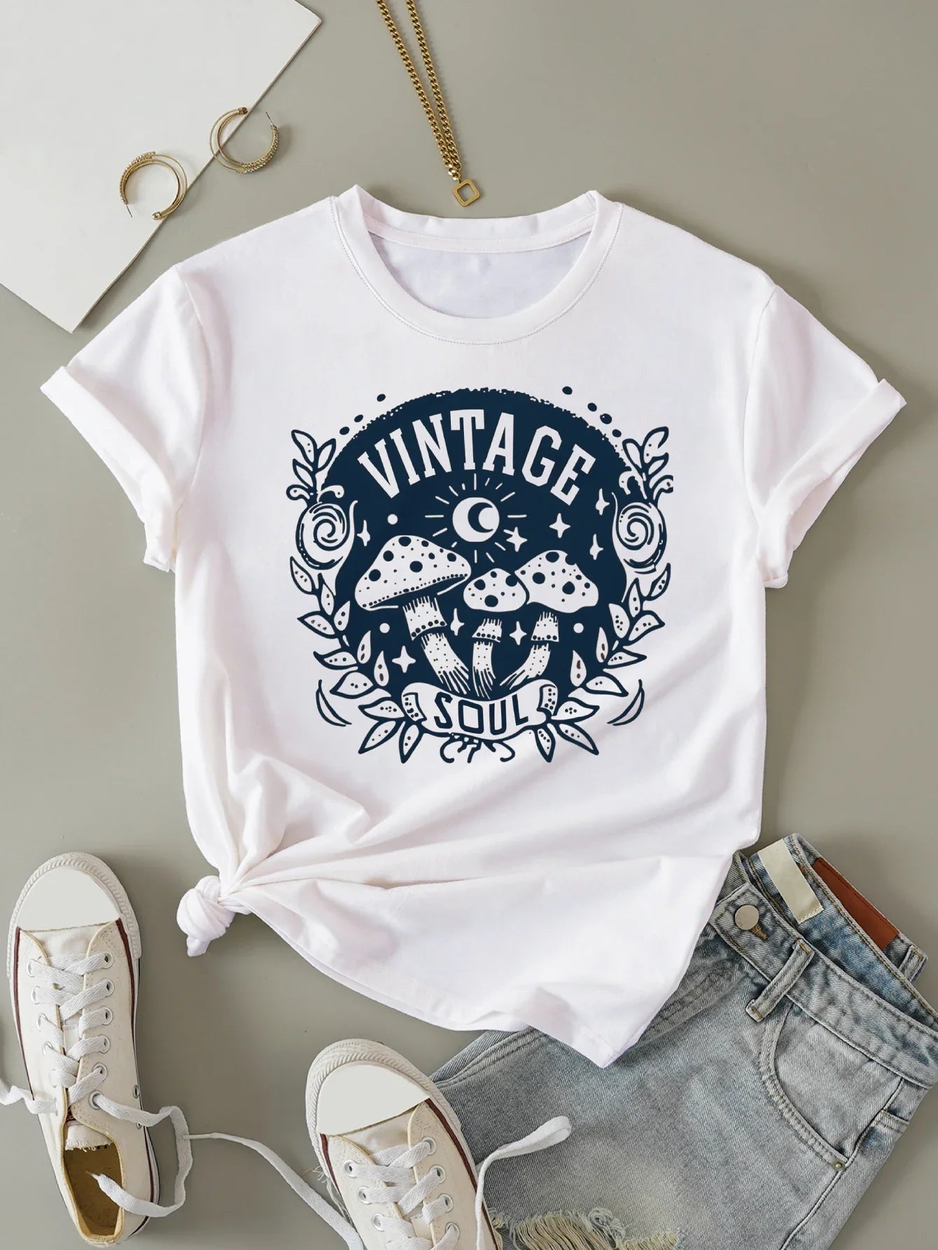 "Vintage Soul" Mushroom Blue Print T-shirt Short Sleeve Crew Neck Casual Top For Summer & Spring Women's Clothing