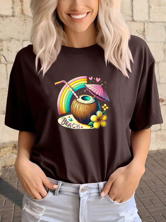 Women's Retro Cute Holiday Style T-Shirt, Rainbow and Coconut Print, Short Sleeve Crew Neck Casual Top for Summer and Spring