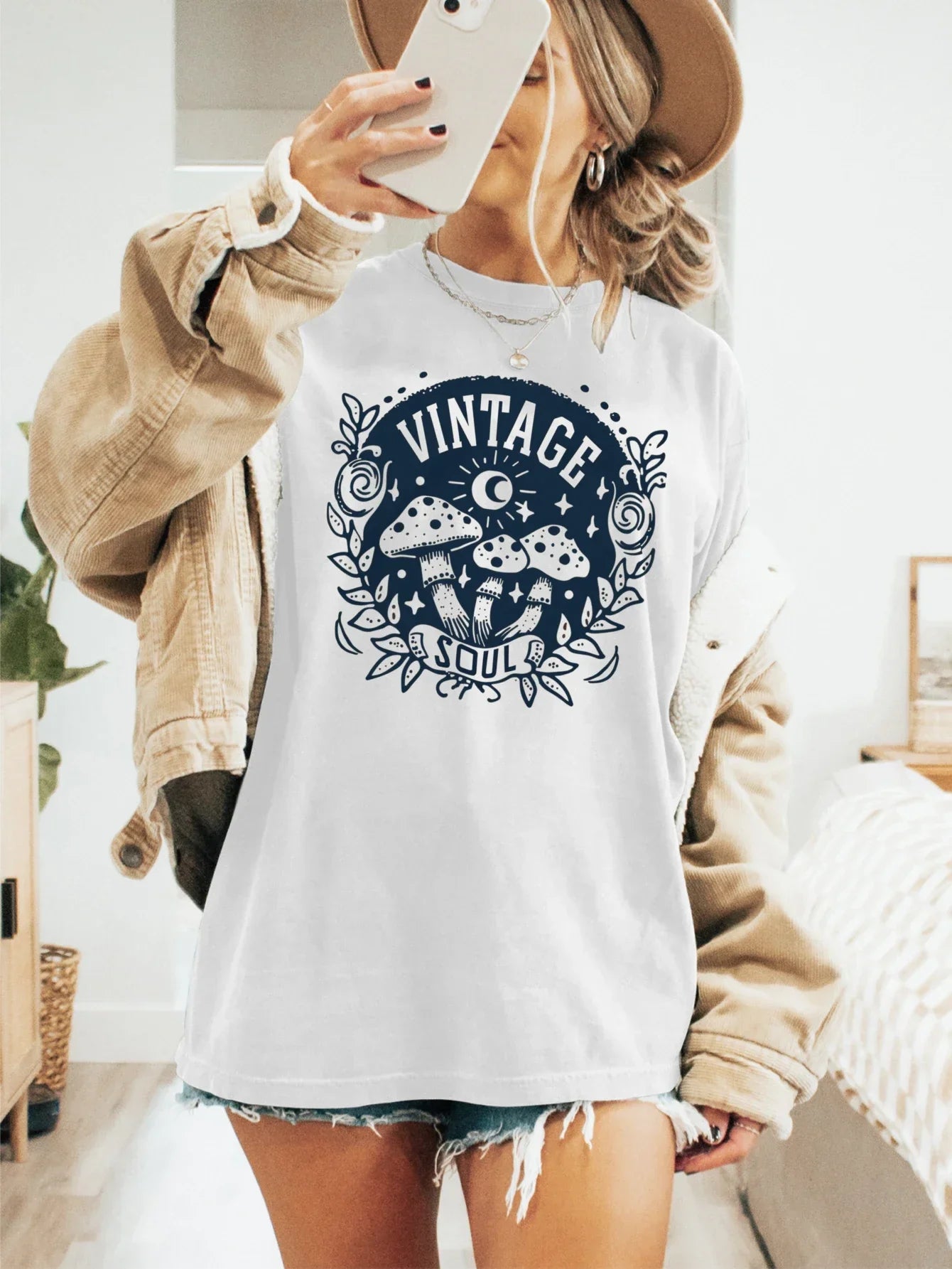 "Vintage Soul" Mushroom Blue Print T-shirt Short Sleeve Crew Neck Casual Top For Summer & Spring Women's Clothing