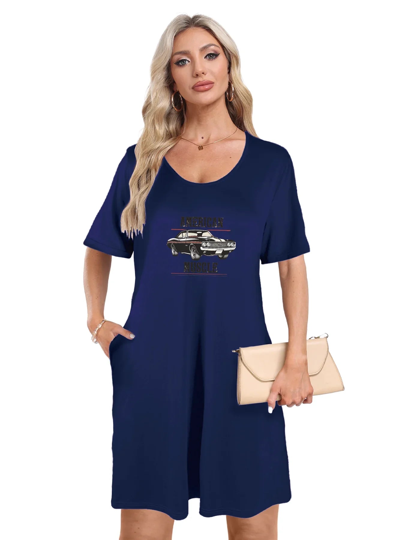 Bold 'American Muscle' Car Print Dual Pockets Dress Casual Short Sleeve Tee Dress For Spring & Summer Women's Clothing