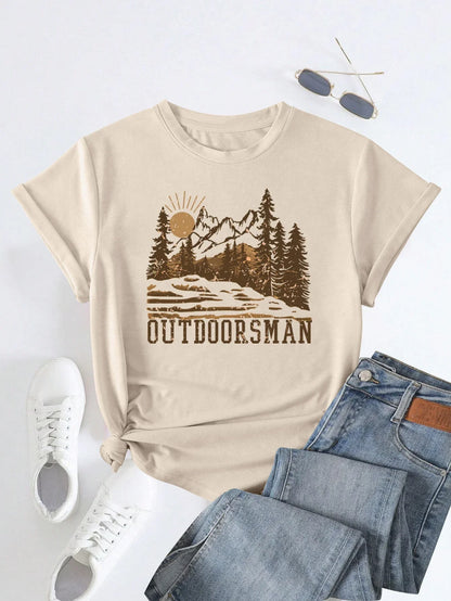 Women's Vintage Landscape Print T-Shirt, Print, Short Sleeve, Crew Neck, Casual Top for Summer and Spring, Women's Clothing