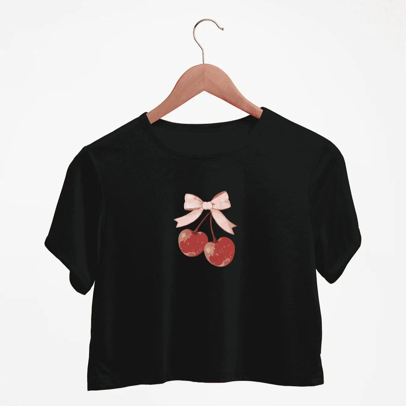 Adorable Cherry And Bow Design Print Crew Neck Crop T-Shirts Casual Short Sleeve Top For Spring & Summer Women's Clothing