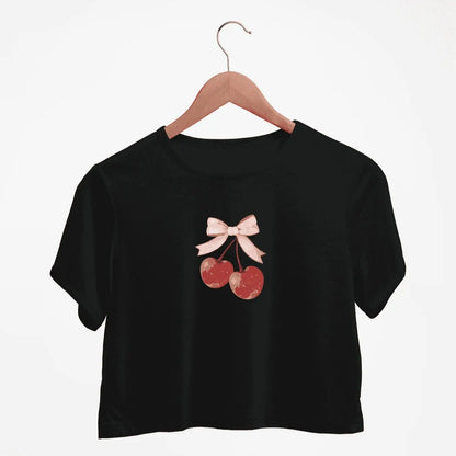 Adorable Cherry And Bow Design Print Crew Neck Crop T-Shirts Casual Short Sleeve Top For Spring & Summer Women's Clothing