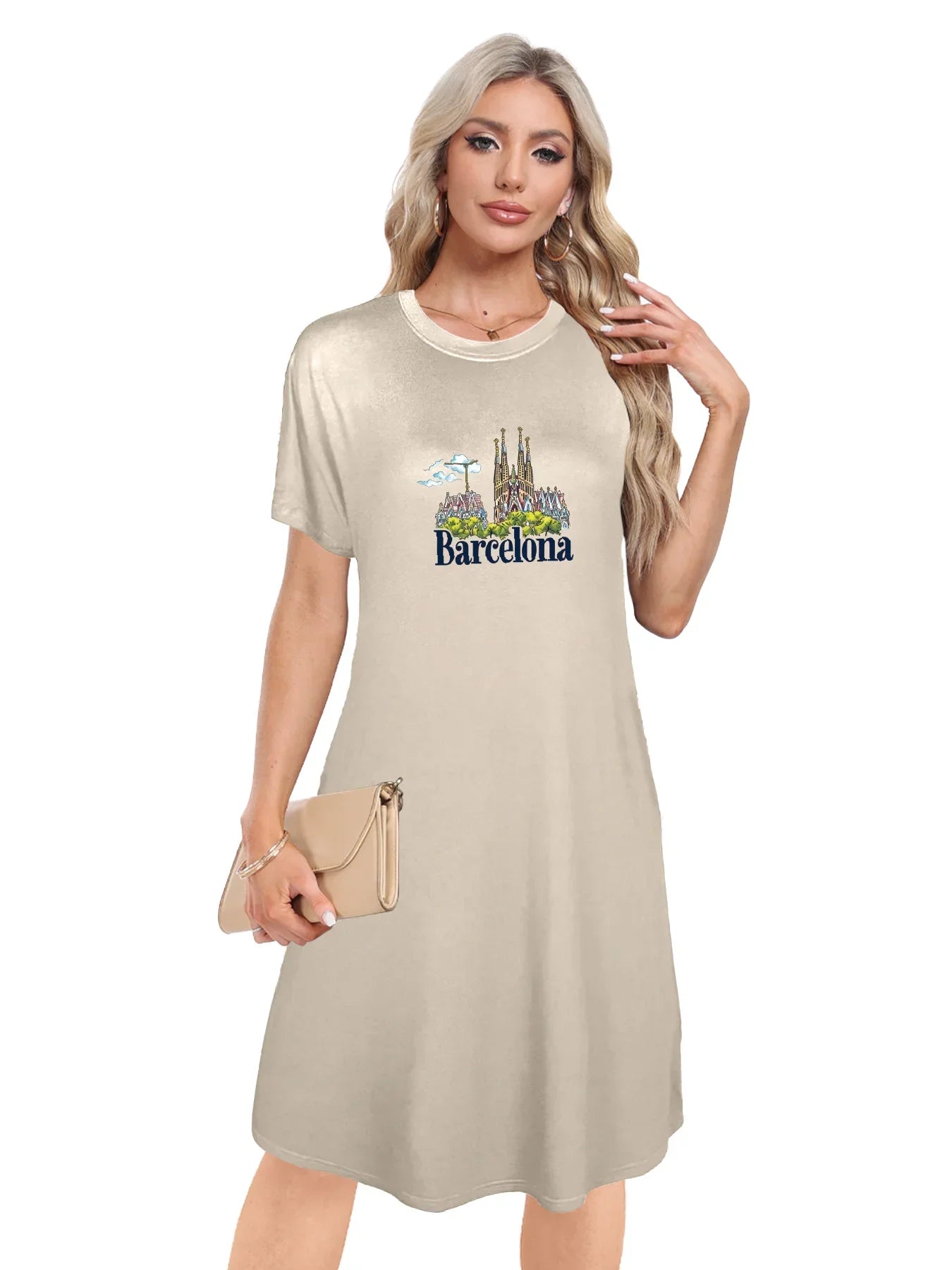 Barcelona Skyline With Bold Barcelona Print Crew Neck Tee Dress Casual Short Sleeve Dress For Spring & Summer Women's Clothing