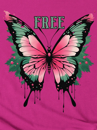 Women's Retro Pink Butterfly Letter Print T-shirt, Short Sleeve, Crew Neck Casual Top for Summer and Spring, Women's Clothing