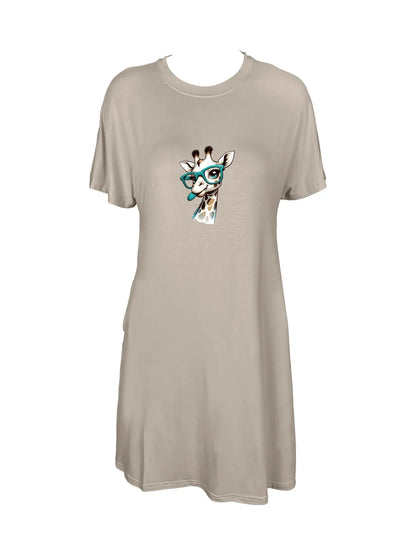 Adorable Giraffe With Teal Glasses Print Crew Neck Tee Dress Casual Short Sleeve Dress For Spring & Summer Women's Clothing