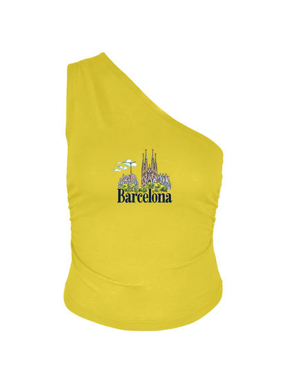 Barcelona Skyline With Barcelona Print Crop One Shoulder Tank Top Sleeveless Casual Top For Summer & Spring Women's Clothing