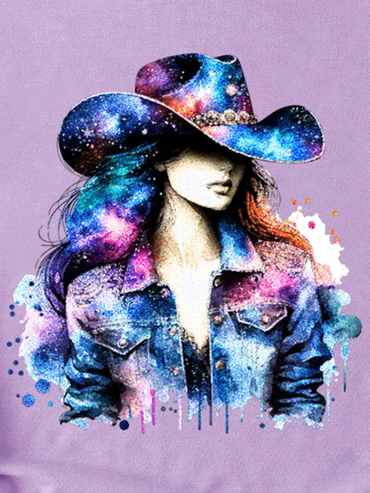 Women's Retro Starry Sky Style Wearing Hat Print T-shirt, Short Sleeve Crew Neck Casual Top for Summer&Spring, Women's Clothing