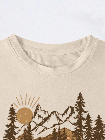 Women's Vintage Landscape Print T-Shirt, Print, Short Sleeve, Crew Neck, Casual Top for Summer and Spring, Women's Clothing