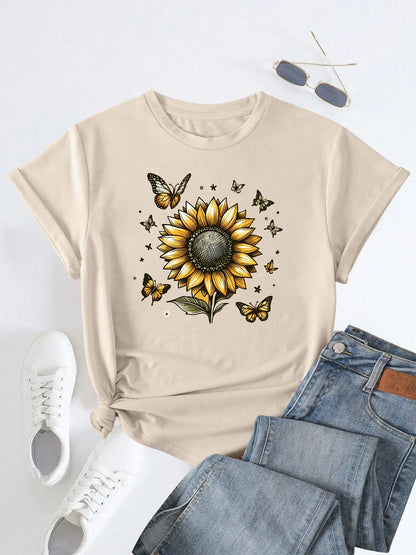 Women's Sunflower and Butterflies Illustration Print T-shirt, Short Sleeve, Crew Neck, Casual Top for Summer and Spring