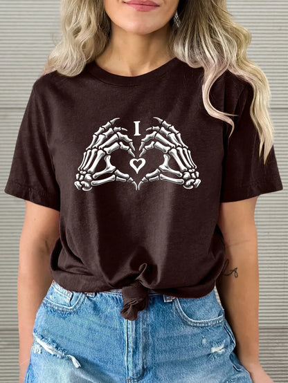 Women's Retro Cool Skull Hand Heart Print T-shirt,Short Sleeve Crew Neck Casual Top for Summer and Spring,Women's Clothing