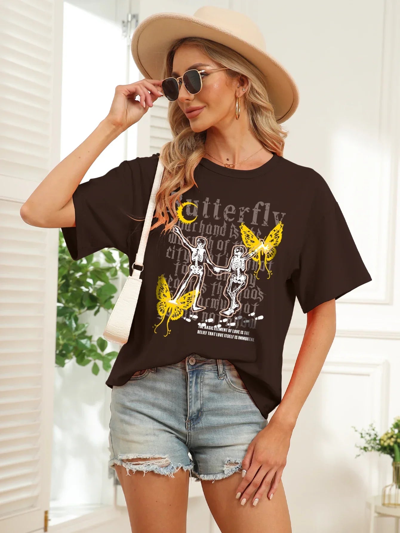 Short sleeve T-shirt with butterfly print chic casual shirt vintage style