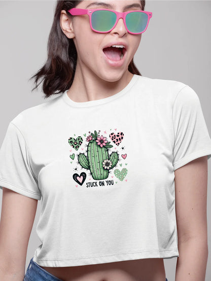 Adorable Cactus Hearts And Flowers Print Crew Neck Crop T-Shirts Casual Short Sleeve Top For Spring & Summer Women's Clothing