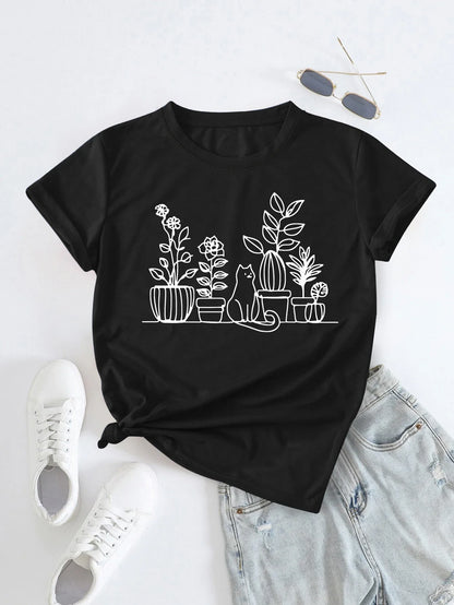 Women's Retro Cute Line Potted Plant and Cat Print T-Shirt, Short Sleeve Crew Neck Casual Top, Summer and Spring Clothing