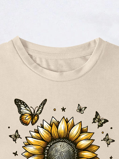 Women's Sunflower and Butterflies Illustration Print T-shirt, Short Sleeve, Crew Neck, Casual Top for Summer and Spring