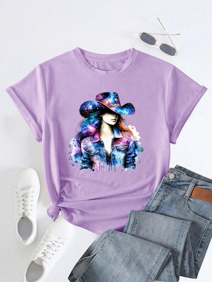 Women's Retro Starry Sky Style Wearing Hat Print T-shirt, Short Sleeve Crew Neck Casual Top for Summer&Spring, Women's Clothing