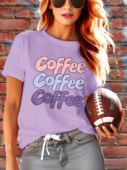 Crew Neck Short Sleeve T-shirt Purple Letter Print Casual Fashion Cute