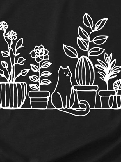 Women's Retro Cute Line Potted Plant and Cat Print T-Shirt, Short Sleeve Crew Neck Casual Top, Summer and Spring Clothing