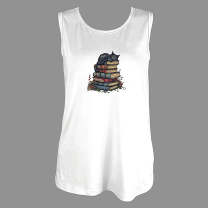 Adorable Cat Napping On Books Graphic Print Tank Top Sleeveless Casual Top For Summer & Spring Women's Clothing