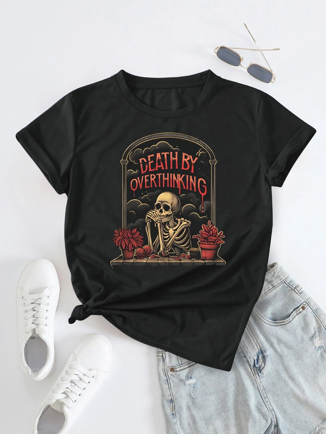 'Death by Overthinking' Potted Plants Print T-shirt Short Sleeve Crew Neck Casual Top For Summer & Spring Women's Clothing