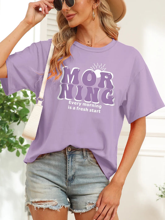 Women's Vintage Sun Letter Morning Print T-Shirt, Short Sleeve, Crew Neck, Casual Top for Summer and Spring, Purple Clothing