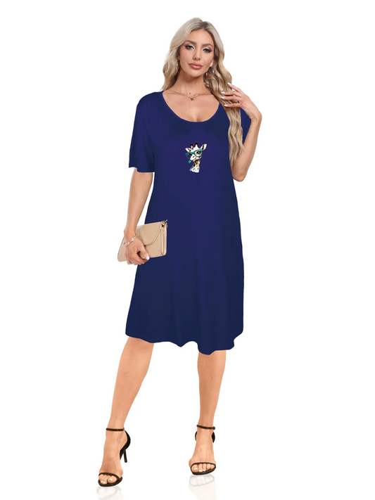 Adorable Giraffe With Teal Glasses Print Dual Pockets Dress Casual Short Sleeve Tee Dress For Spring & Summer Women's Clothing