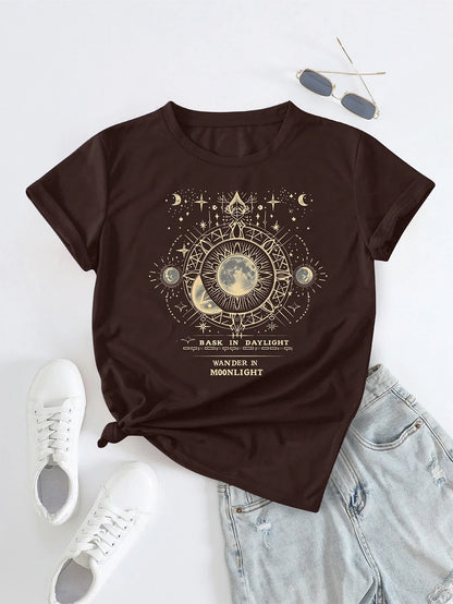 'Bask in Daylight Wander in Moonlight'Moon Print T-shirt Short Sleeve Crew Neck Casual Top For Summer&Spring Women's Clothing