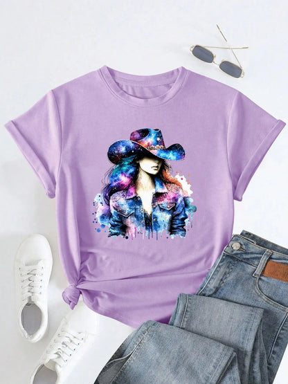 Women's Retro Starry Sky Style Wearing Hat Print T-shirt, Short Sleeve Crew Neck Casual Top for Summer&Spring, Women's Clothing