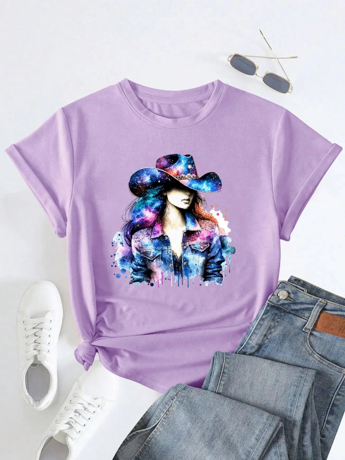 Women's Retro Starry Sky Style Wearing Hat Print T-shirt, Short Sleeve Crew Neck Casual Top for Summer&Spring, Women's Clothing