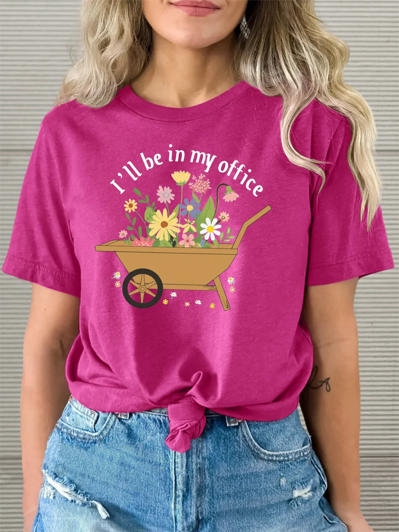 'I'll be in my office' Wheelbarrow Print T-shirt Short Sleeve Crew Neck Casual Top For Summer & Spring Women's Clothing