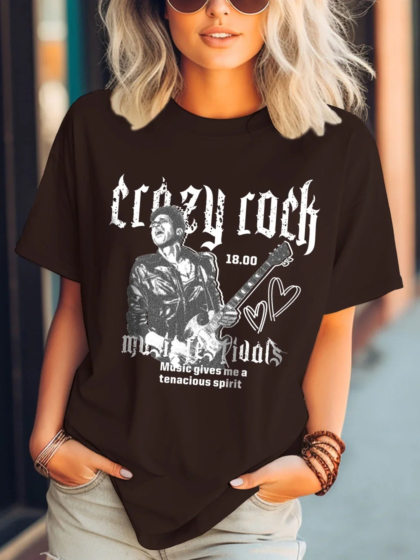 Vintage Rock Portrait Love Print T-shirt Casual Crew Neck Short Sleeve Fashion