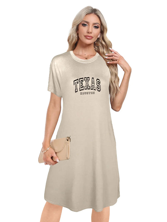 Bold "Texas" And "Houston" Print Crew Neck Tee Dress Casual Short Sleeve Dress For Spring & Summer Women's Clothing