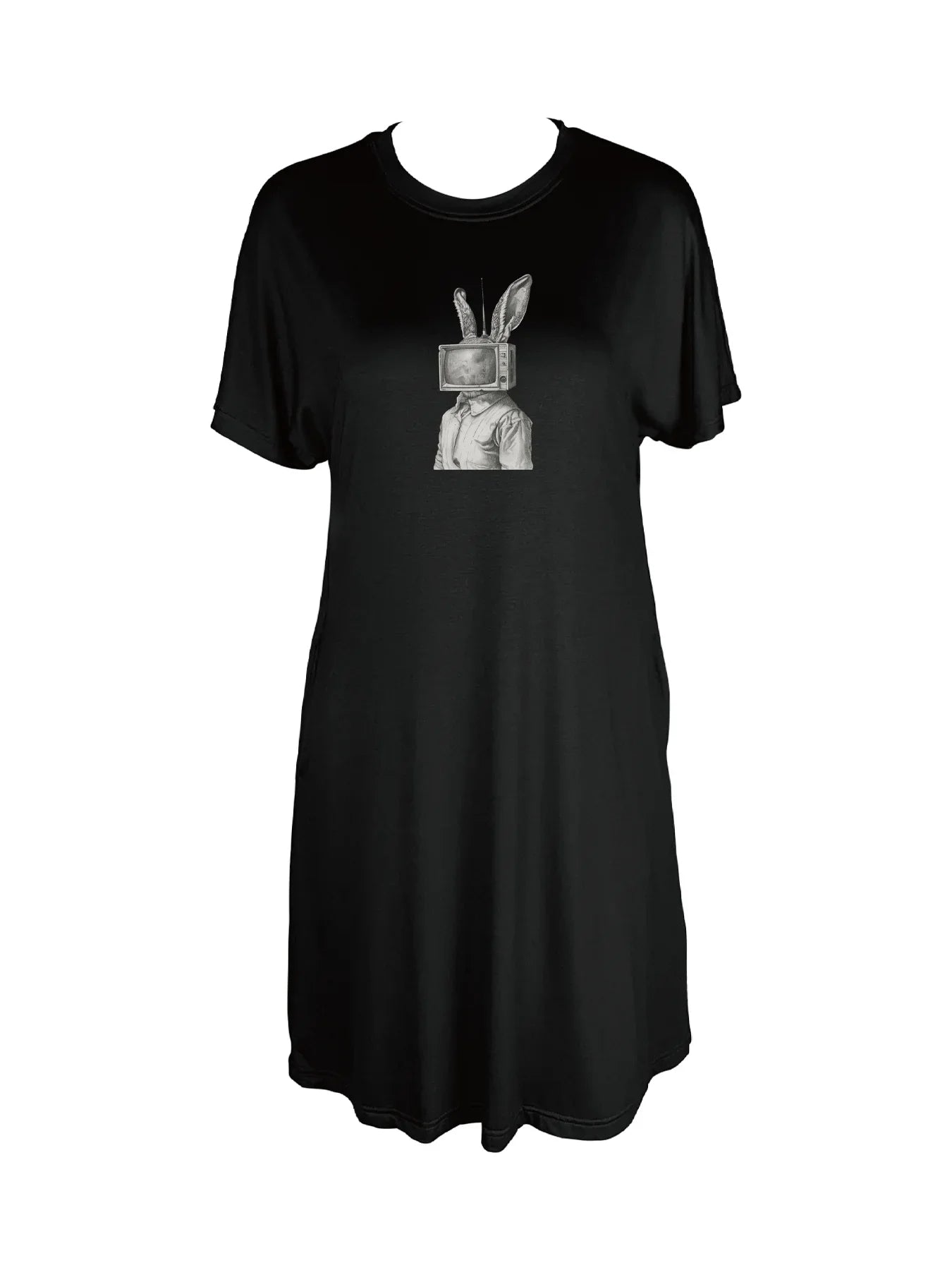 Surreal Visionary Rabbit TV Print Crew Neck Tee Dress Casual Short Sleeve Dress For Spring & Summer Women's Clothing