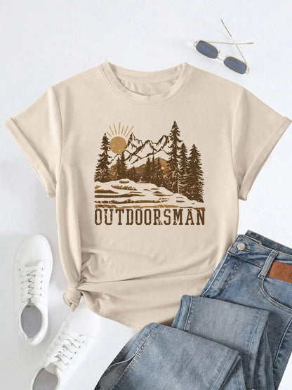 Women's Vintage Landscape Print T-Shirt, Print, Short Sleeve, Crew Neck, Casual Top for Summer and Spring, Women's Clothing