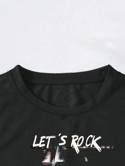 'Let's Rock' Slogan and Distorted Portrait Print T-shirt Short Sleeve Crew Neck Casual Top For Summer&Spring Women's Clothing