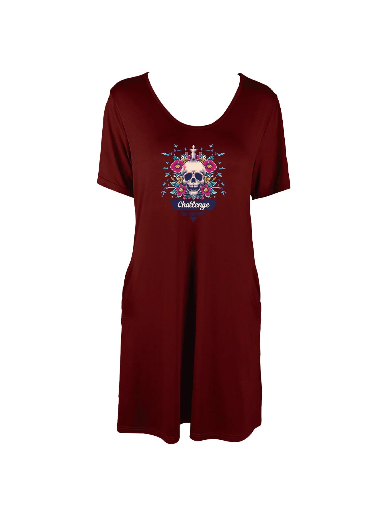 Bold "Bone Voyage" Graphic Print Dual Pockets Dress Casual Short Sleeve Tee Dress For Spring & Summer Women's Clothing