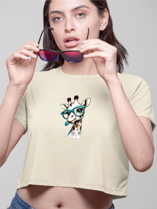 Adorable Giraffe With Teal Glasses Print Crew Neck Crop T-Shirts Casual Short Sleeve Top For Spring & Summer Women's Clothing