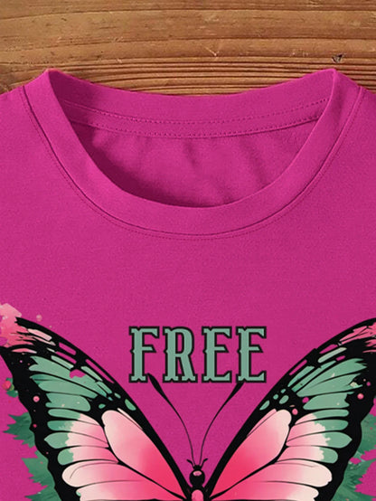 Women's Retro Pink Butterfly Letter Print T-shirt, Short Sleeve, Crew Neck Casual Top for Summer and Spring, Women's Clothing