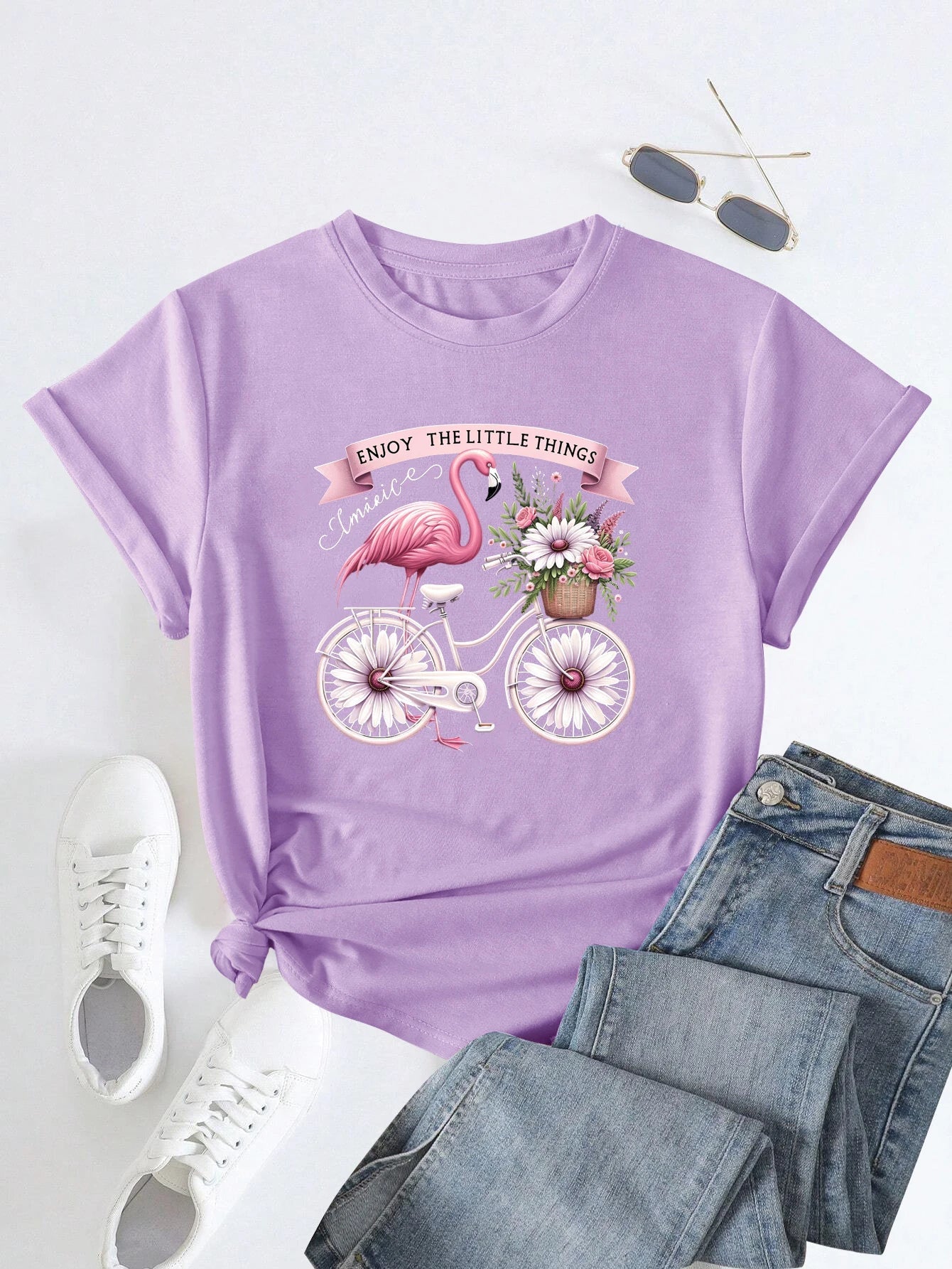 Women's Whimsical Flamingo on Floral Bicycle Print T-shirt, Short Sleeve Crew Neck Casual Top for Spring, Women's Clothing