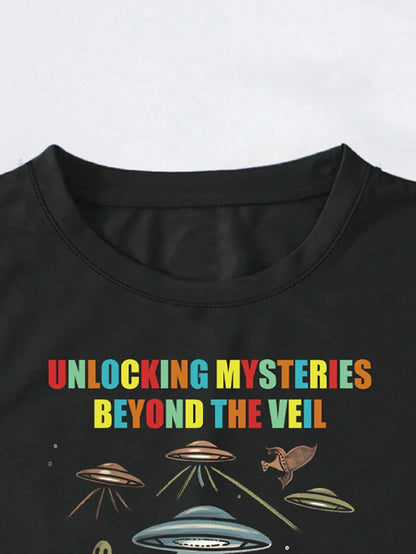 'Unlocking Mysteries Beyond the Veil' UFO Print T-shirt Short Sleeve Crew Neck Casual Top For Summer & Spring Women's Clothing