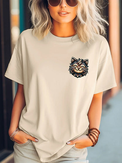 Women's Retro Cartoon Cat Print T-Shirt, Short Sleeve Crew Neck Casual Top for Summer and Spring, Women's Clothing