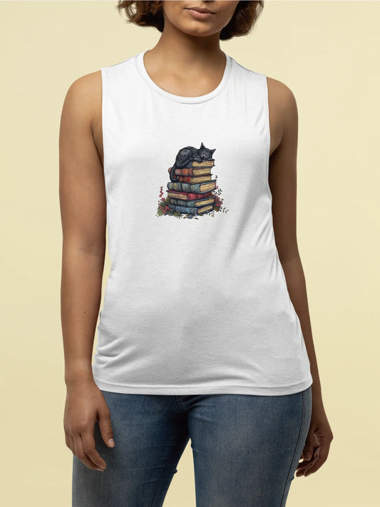 Adorable Cat Napping On Books Graphic Print Tank Top Sleeveless Casual Top For Summer & Spring Women's Clothing