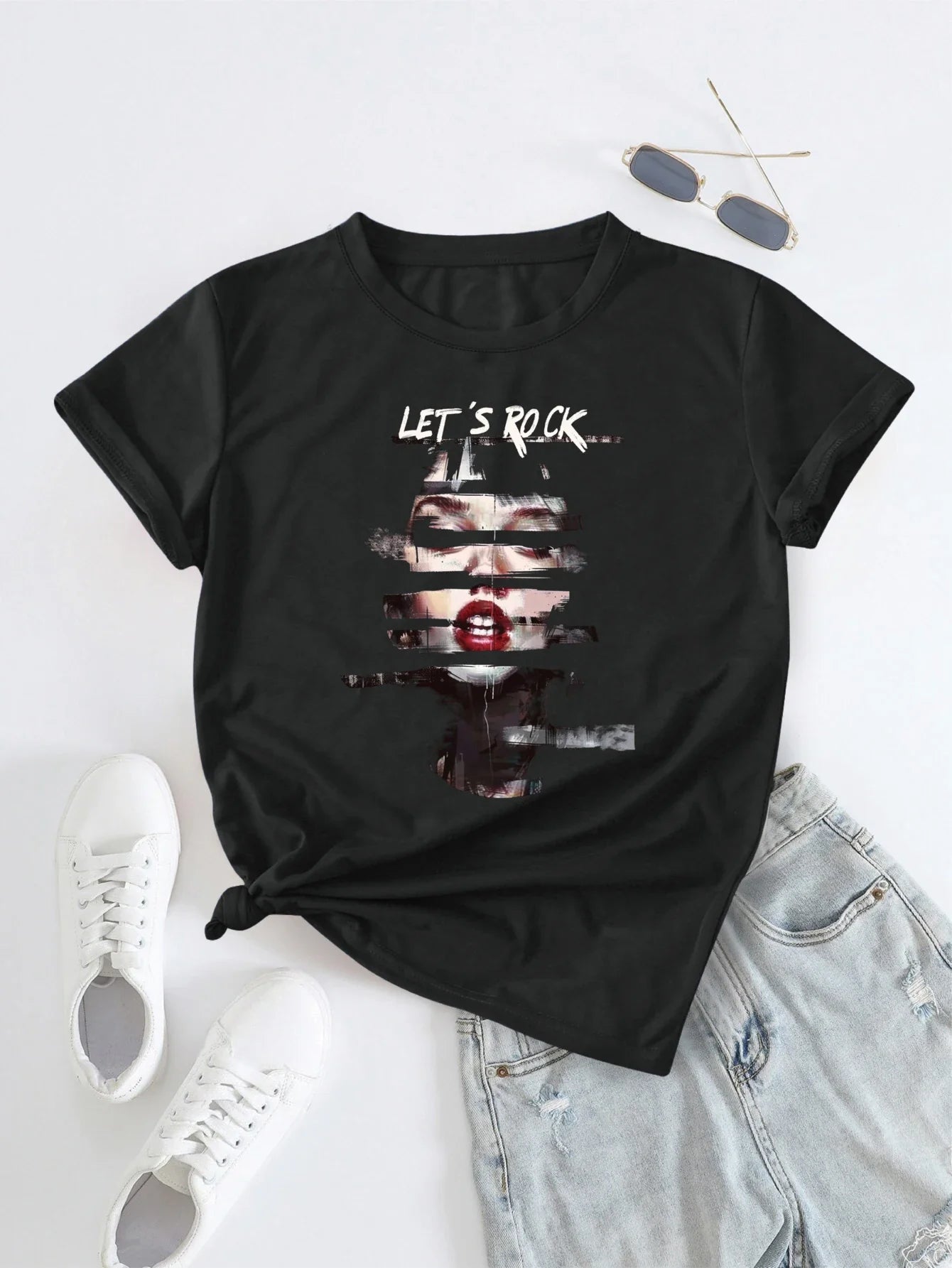 'Let's Rock' Slogan and Distorted Portrait Print T-shirt Short Sleeve Crew Neck Casual Top For Summer&Spring Women's Clothing