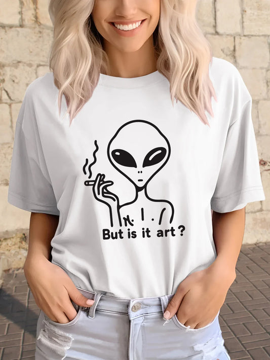 Women's Retro Cool Alien Print T-Shirt, Short Sleeve Crew Neck Casual Top for Summer and Spring, Women's Clothing